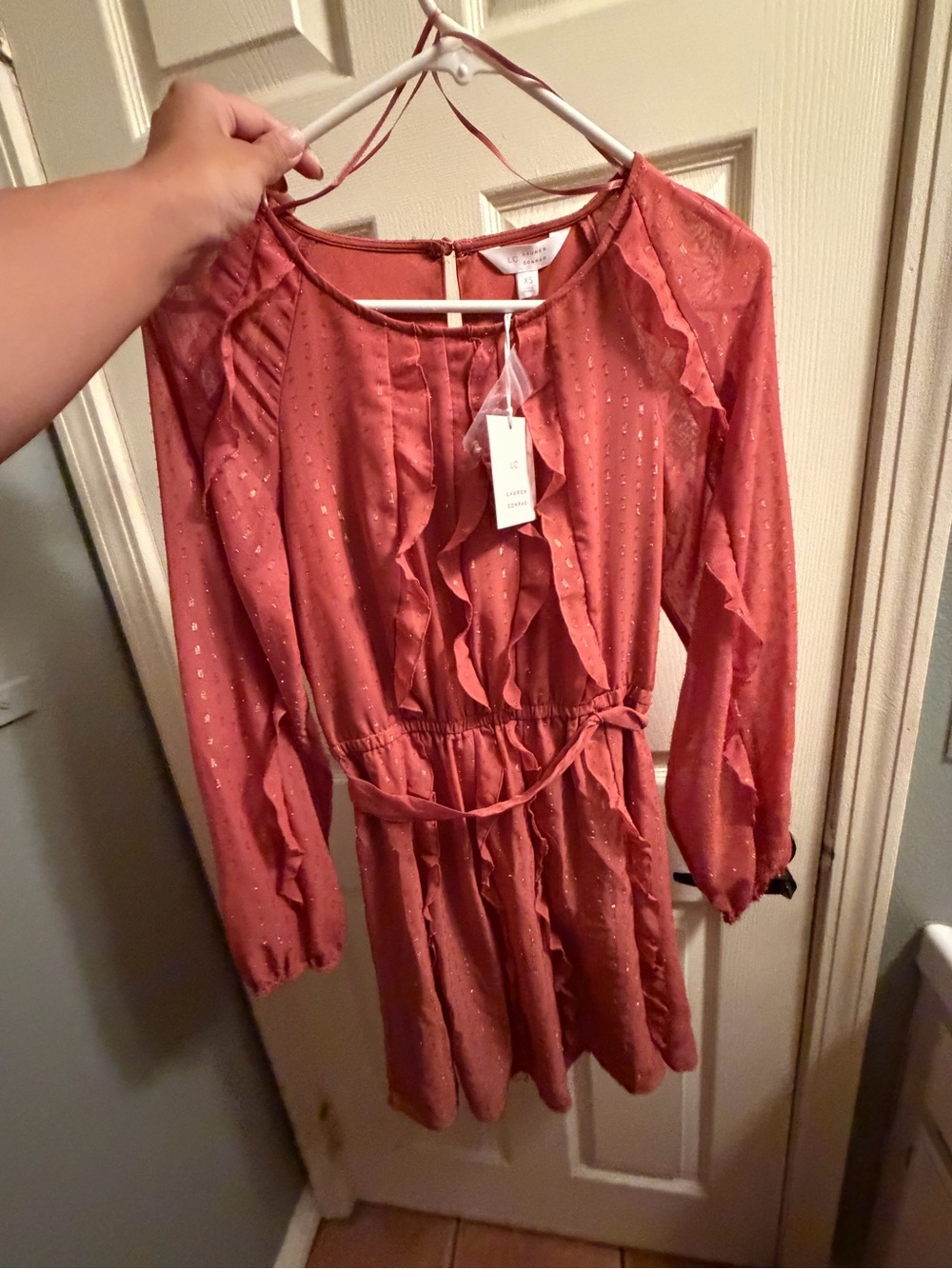 Rust Ruffle Long-Sleeve Dress